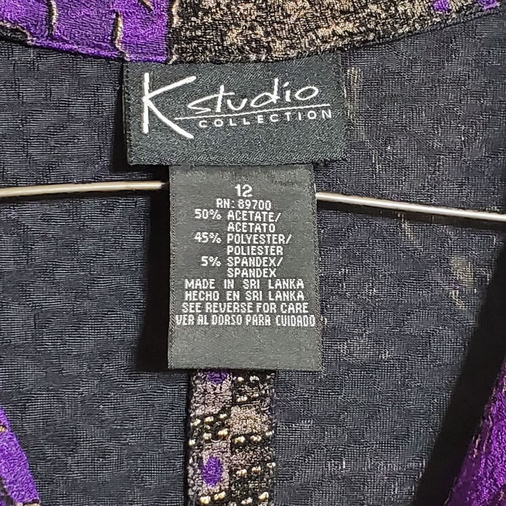 K Studio Collection Womens  Size 12 Long Sleeve Button Blouse Purple Black Gold - Picture 4 of 11